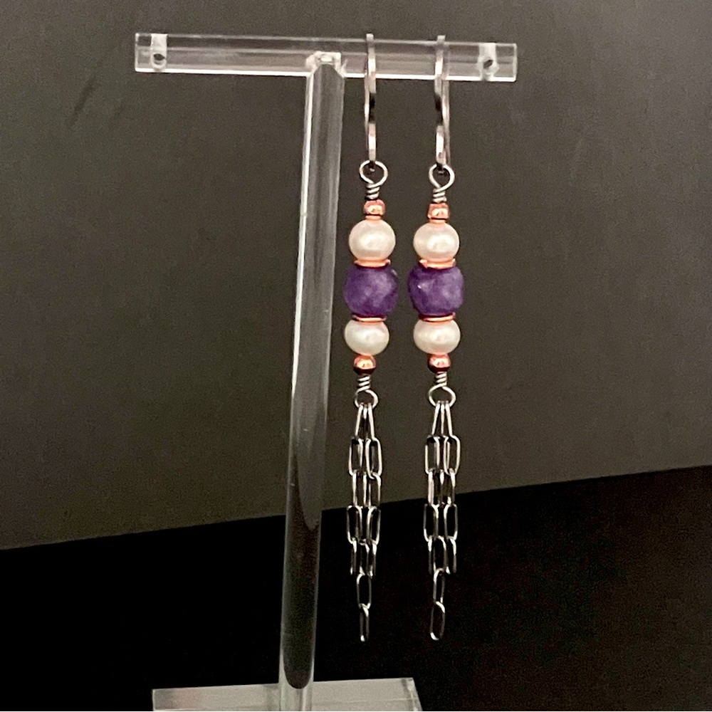 Amethyst Quartz & Freshwater Pearl Tassel Earrings in Copper & Stainless - Picture 6 of 8